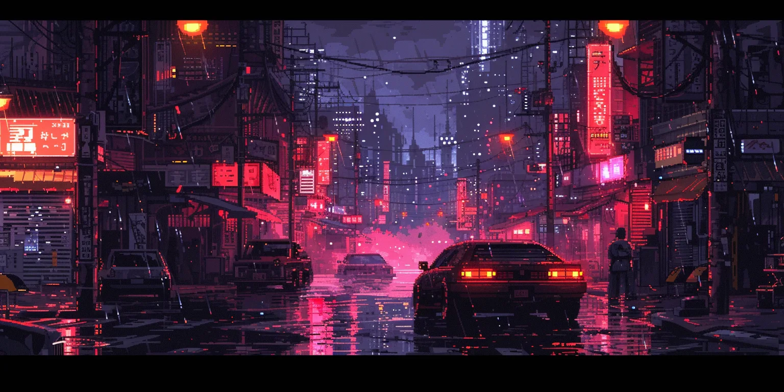 Breite Pixel-Art-Ansicht einer nächtlichen futuristischen Großstadt