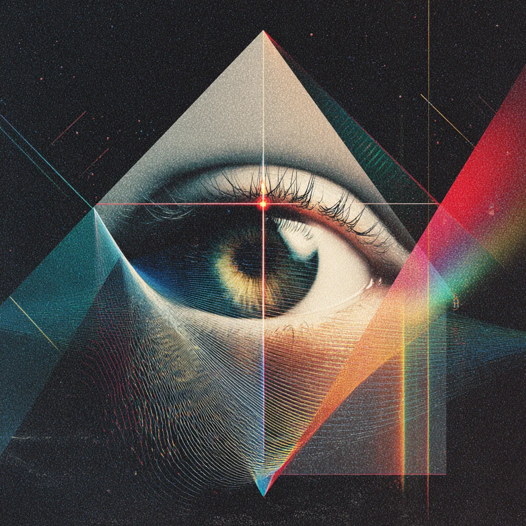 Prismatische Illustration eines Auges zwischen geometrischen Flächen