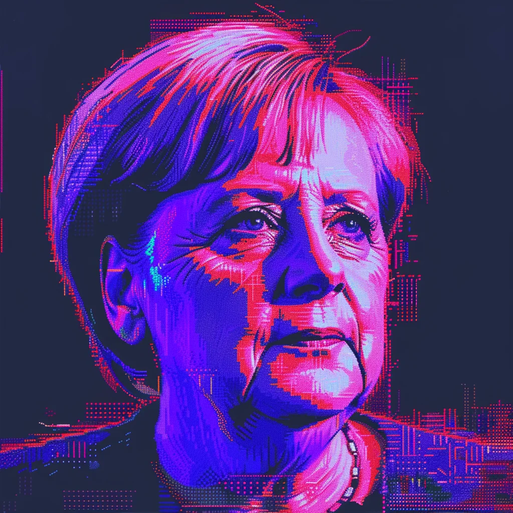 Duotone-Porträt von Angela Merkel in Neonrot und Indigo