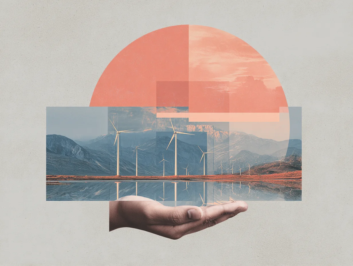 Grafische Collage aus Windenergie, Landschaft und einer tragenden Hand
