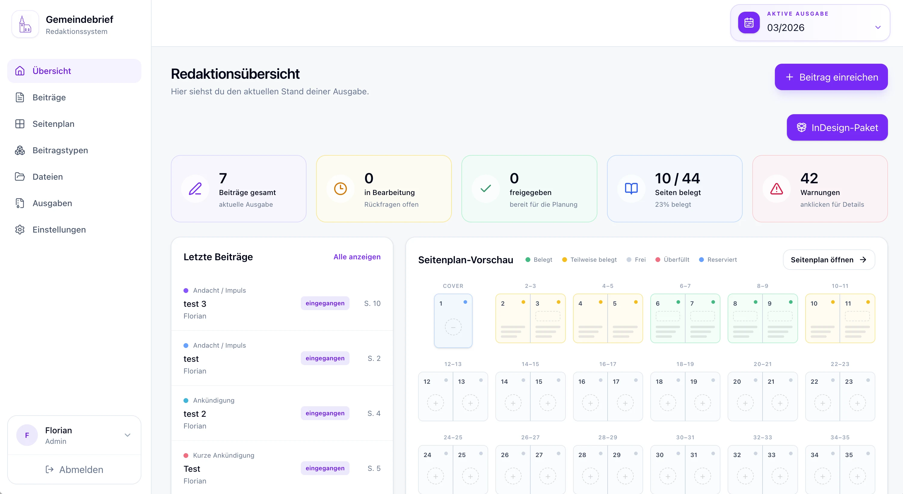 Dashboard der WebApp Gemeindebrief Redaktionssystem