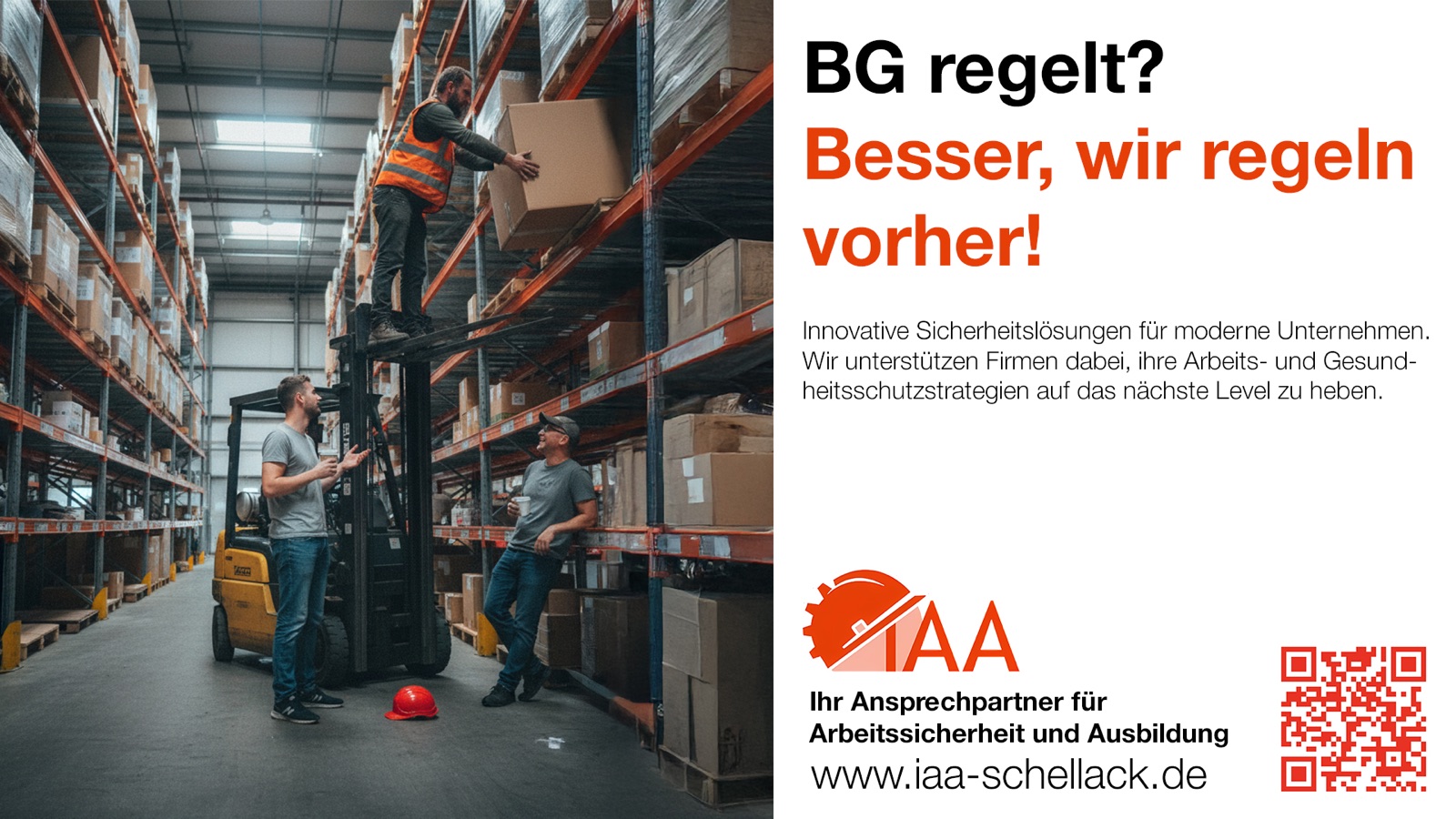 Kampagnenmotiv von IAA Schellack zur Prävention von Arbeitsunfällen in einem Lager